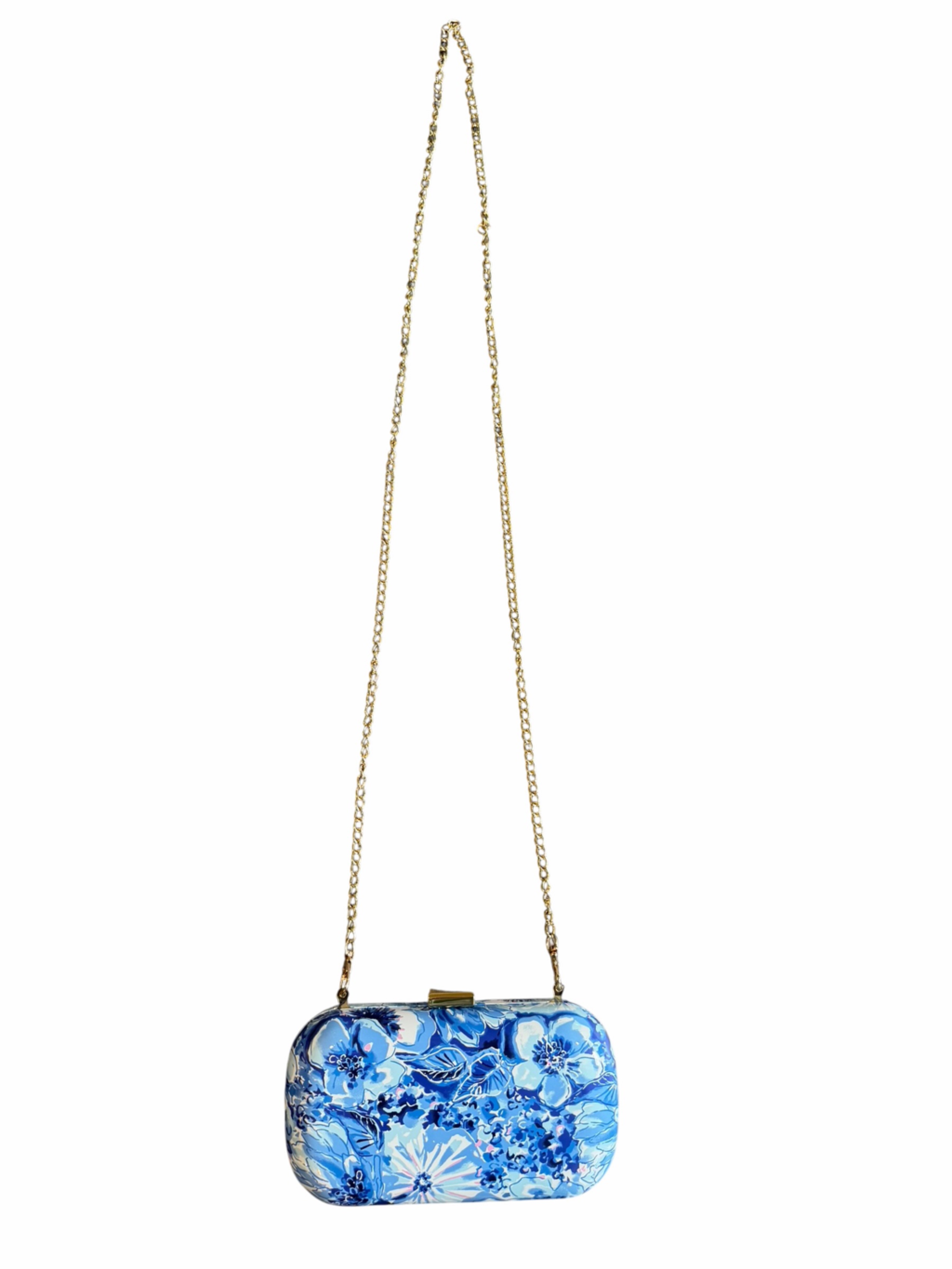 Lilly Pulitzer Blue Floral Minaudire Clutch Crossbody Hard Shell Purse